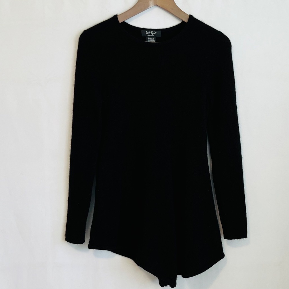 Lord & Taylor 100% Cashmere Black Sweater with Asymmetrical Flounce Hem Size XS